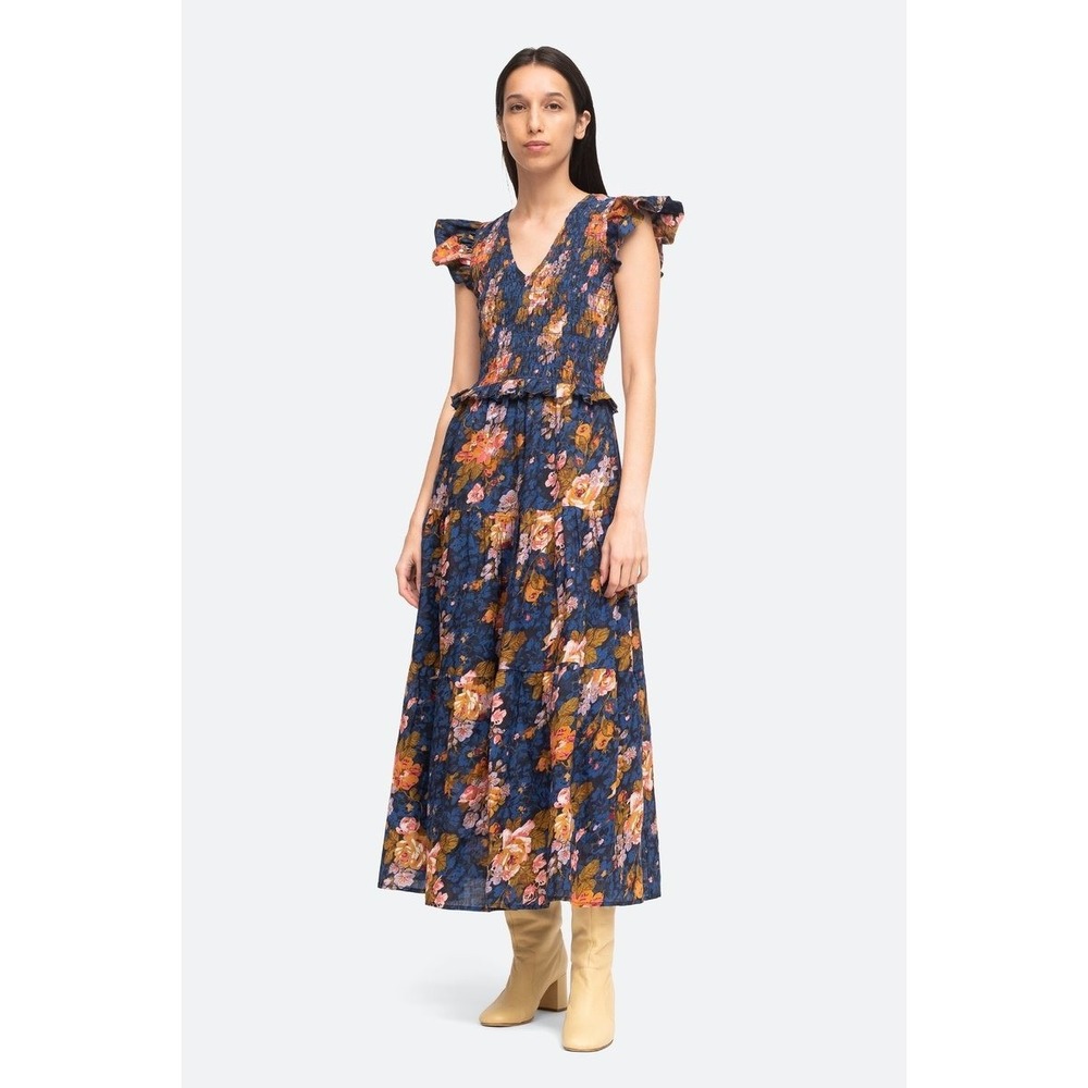 NWT SEA New York Ines Sundress Smocked Dress Navy Floral Print Maxi Size 8 $395